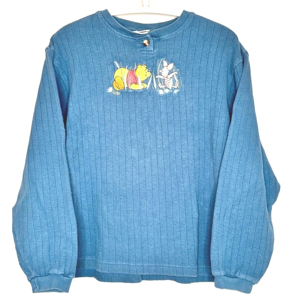 Disney Store Winnie the Pooh Piglet Sweatshirt Blue Ribbed Henley Vintage Medium